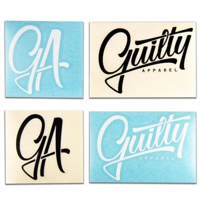 Guilty Apparel Sticker Pack - Assorted set of stickers featuring Guilty Apparel logo and designs for action sports and adventure