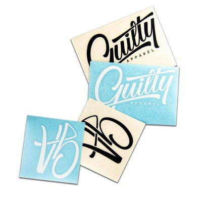 Guilty Apparel Sticker Pack - Assorted set of stickers featuring Guilty Apparel logo and designs for action sports and adventure